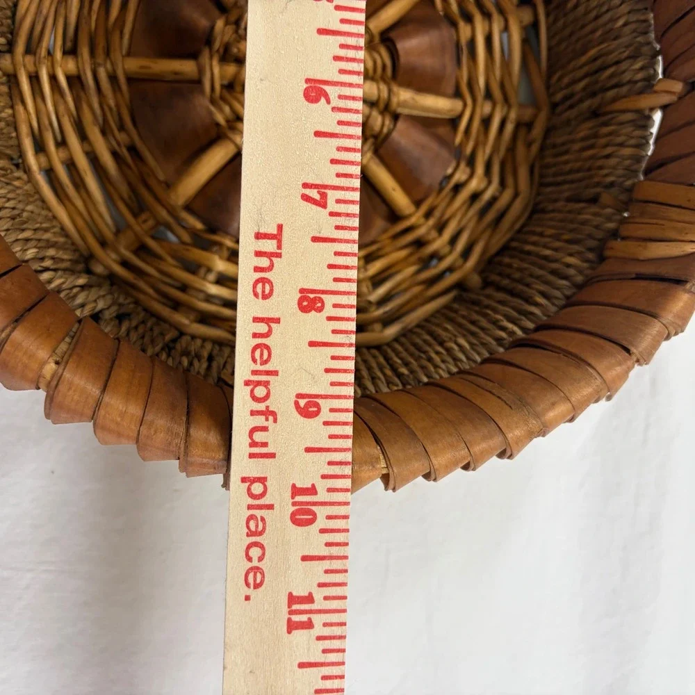 Vintage Round Wicker Basket with Wooden Handles Rustic Boho Storage Decor Brown